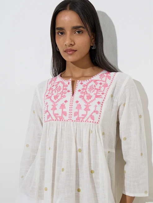 Utsa White Jamdani Design Cotton A-Line Kurta