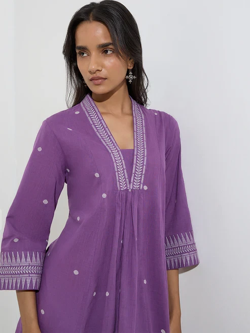 Utsa Purple Badla Printed Cotton A-Line Kurti