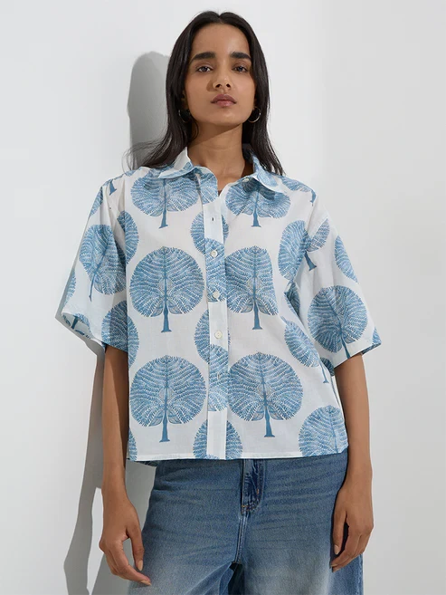 Utsa Blue Leaf Printed Cotton Ethnic Shirt