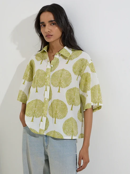 Utsa Olive Leaf Printed Cotton Ethnic Shirt