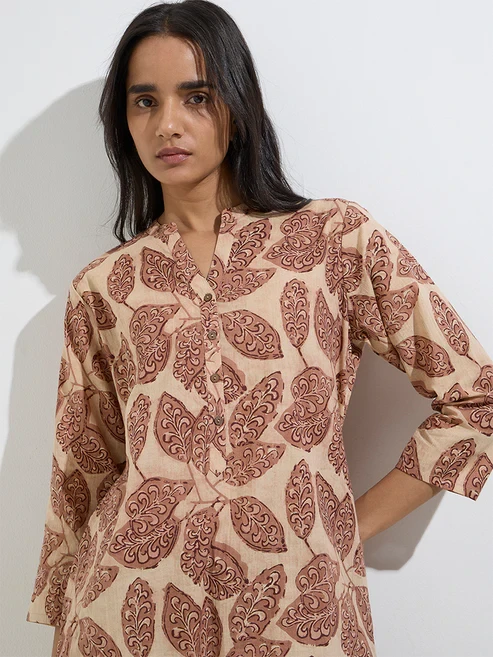 Utsa Brown Botanical Design Straight Cotton Kurta