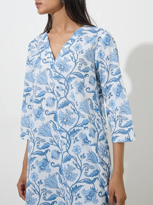Utsa Blue Floral Pattern Straight Cotton Kurta