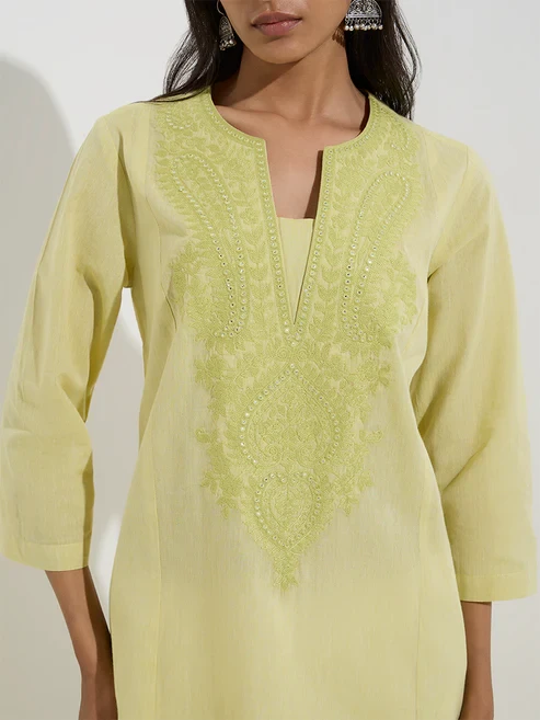 Utsa Lime Floral Embroidered Cotton A-Line Kurti