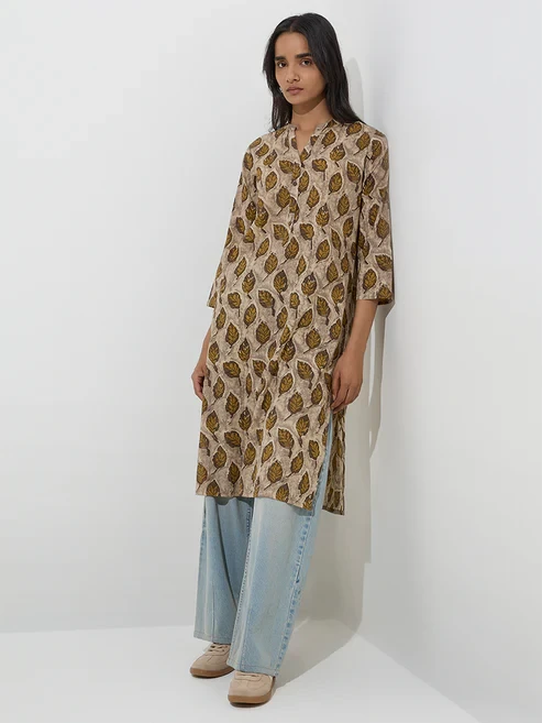 Utsa Taupe Leaf Printed Cotton Straight Kurta