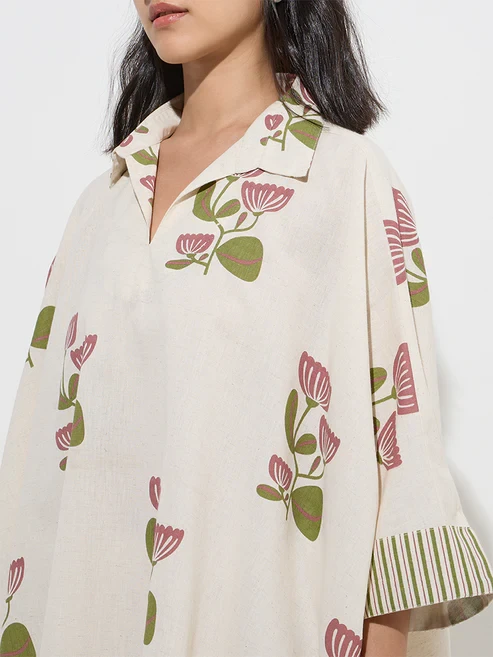Utsa Off-White Floral Design Cotton-Blend Co-Ord Set