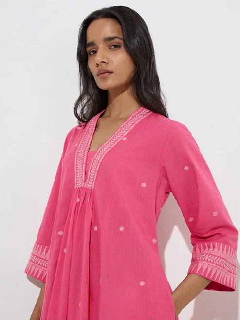 Utsa Pink Badla Printed Cotton A-Line Kurti