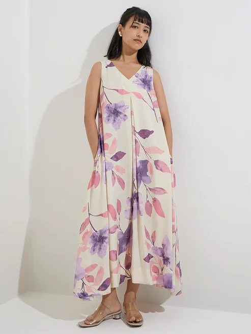 Utsa Purple Foliage Patterned A-Line Dress