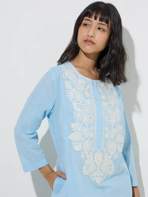 Utsa Light Blue Floral Embroidered Cotton A-Line Kurta